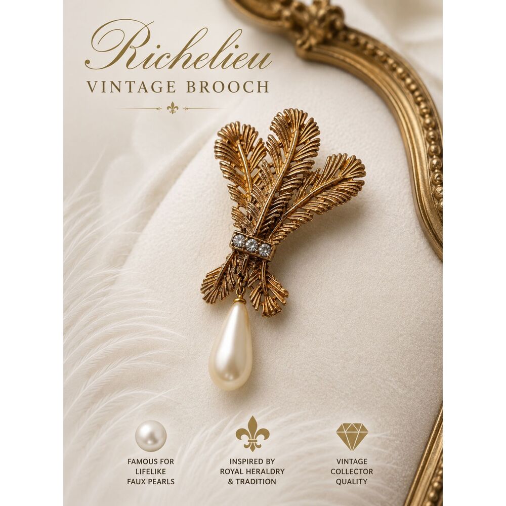 Vintage Richelieu Faux Pearl Brooch Rhinestone Feather Pin Mid Century Signed